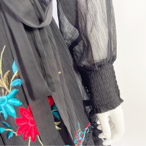 Anthropologie Dress Black Embroidered Wrap Not So Serious Size S Long Sleeve - Picture 7 of 13